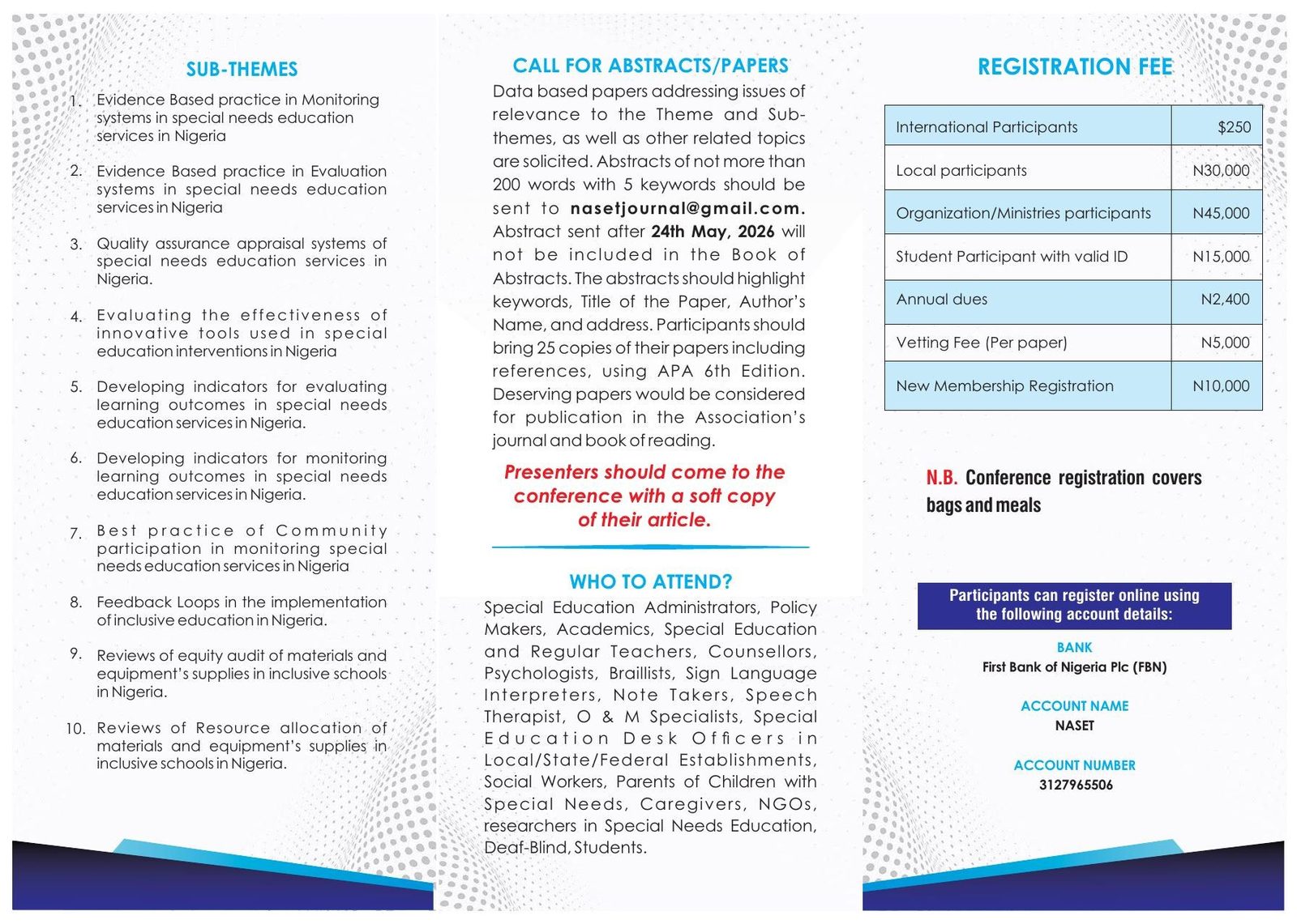 Second page of the NASET 2026 conference flyer, listing the sub-themes, the call for abstracts and papers, registration fees, and details on who should attend.