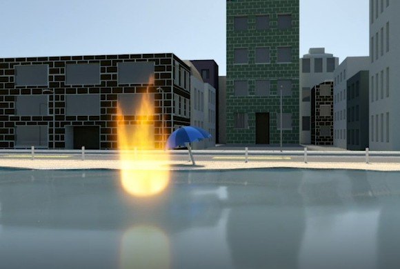 A 3D animated scene of a glowing flame above water, with city buildings behind it.