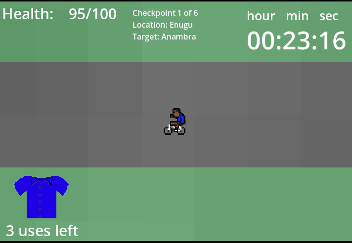 Gameplay showing the cyclist on a green road, with a health bar, a checkpoint counter and a timer.