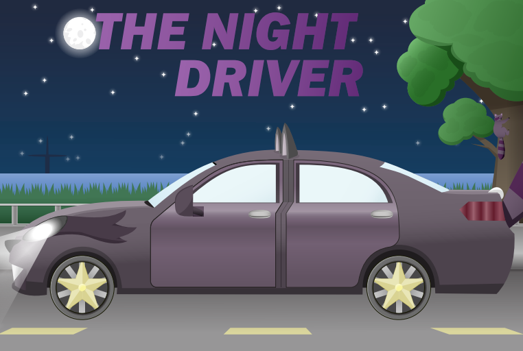A motion graphics car advertisement titled The Night Driver, showing a purple car with raccoon features at night.