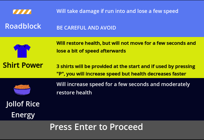 The rules screen explaining roadblocks, shirt power and Jollof rice energy.
