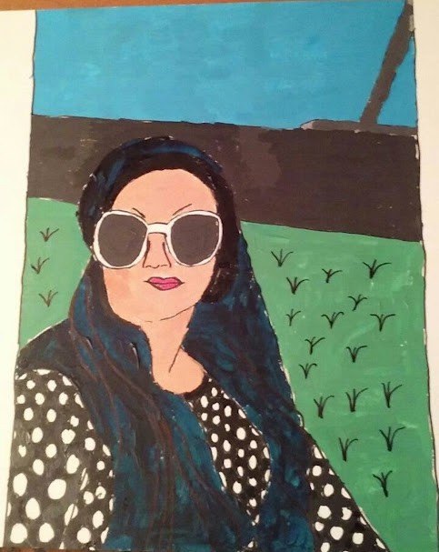 Sherman's painted 2D artwork of the same photograph, with bold colors and flat shapes.