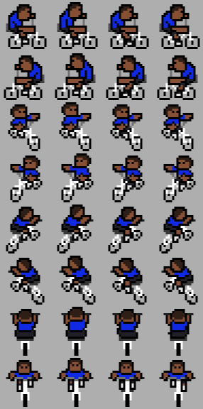 A sprite sheet of small pixel drawings of Kanye on his bicycle, drawn frame by frame.