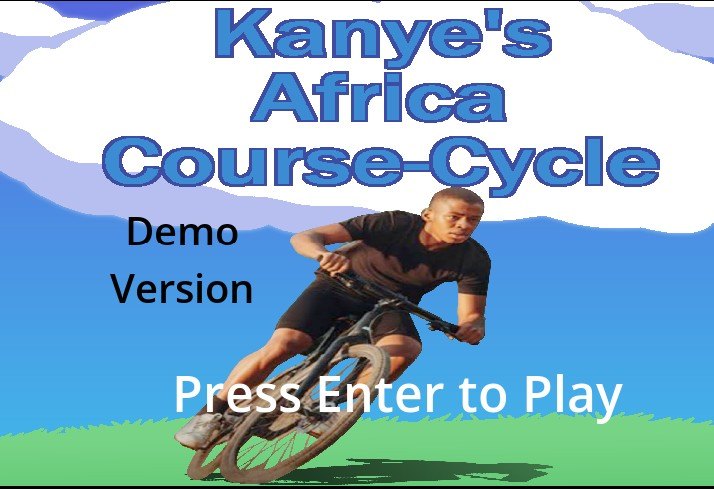 The title screen of the video game Kanye's Africa Course-Cycle, with a cyclist and the words Press Enter to Play.