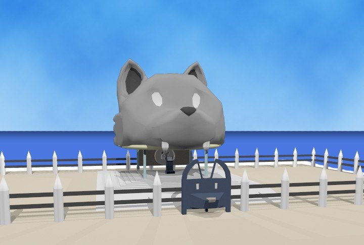 A 3D model of a stone wolf head temple on a small island, surrounded by a white fence under a blue sky.